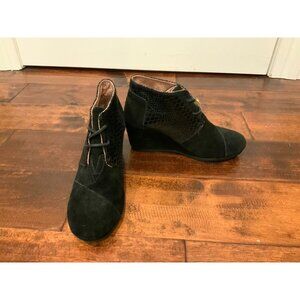 TOMS "Desert" Black Suede Wedge Booties w/ Vegan Snakeskin Panel, Size 7